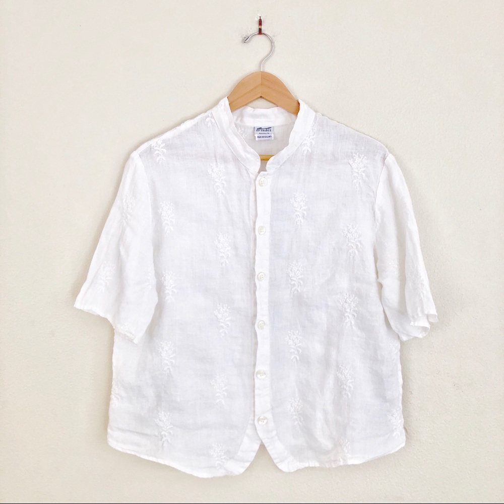 {CP Shades} Embroidered Mandarin Collar Linen Top - Picture 2 of 5